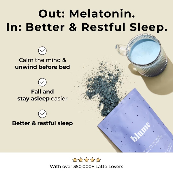 This static 1:1 creative highlights the natural benefits of a lavender drink blend over traditional sleep supplements using a simple 'Out vs. In' comparison structure.